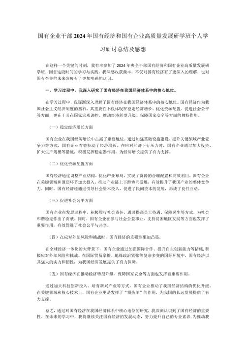 国有企业干部2024年国有经济和国有企业高质量发展研学班个人学习研讨总结及感想.docx