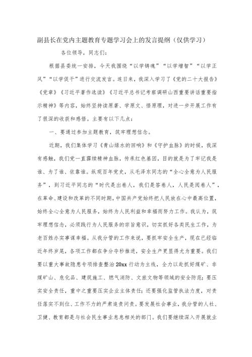 副县长在党内主题教育专题学习会上的发言提纲.docx