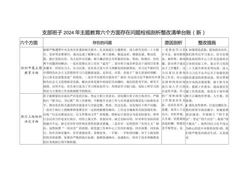 支委班子围绕组织开展专题教育、执行上级组织决定、严格组织生活、加强党员教育管理监督、联系服务群众、抓好自身建设六个方面存在问题整改清单台账.docx