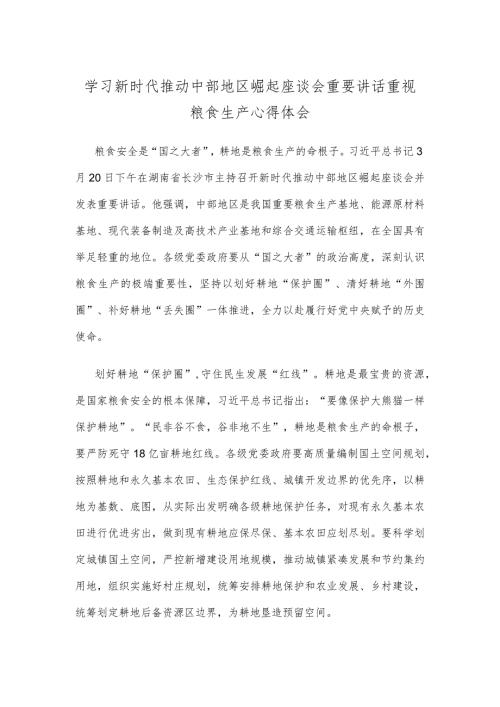 学习新时代推动中部地区崛起座谈会重要讲话重视粮食生产心得体会.docx