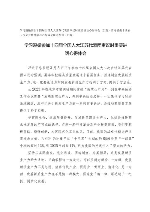 （4篇）学习参加十四全国人大江苏代表团审议时重要讲话心得体会.docx