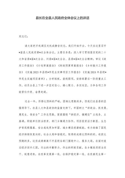 县长在全县人民政府全体会议上的讲话.docx