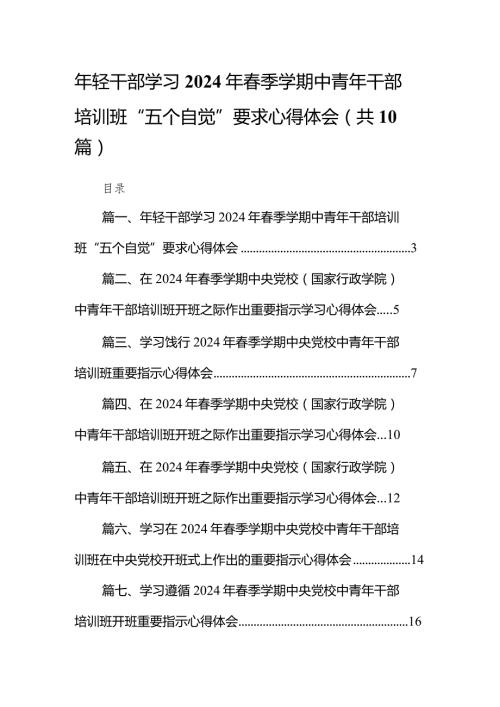 2024年轻干部学习年季学期中青年干部培训班“五个自觉”要求心得体会10篇（精选版）.docx