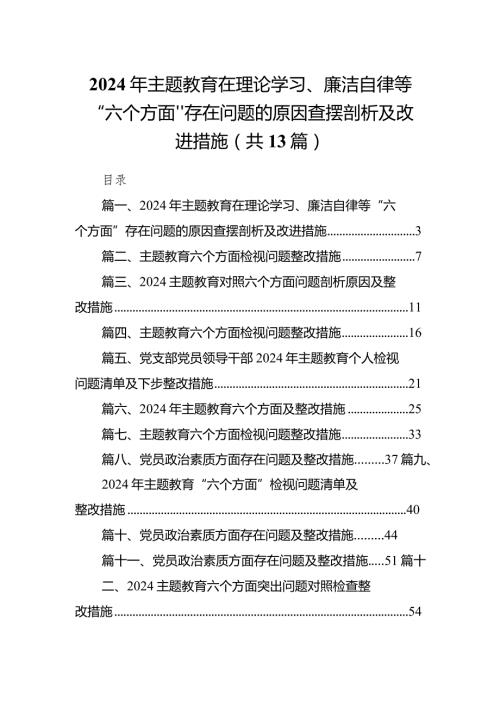 2024年专题教育在理论学习、廉洁自律等“六个方面”存在问题的原因查摆剖析及改进措施13篇供参考.docx