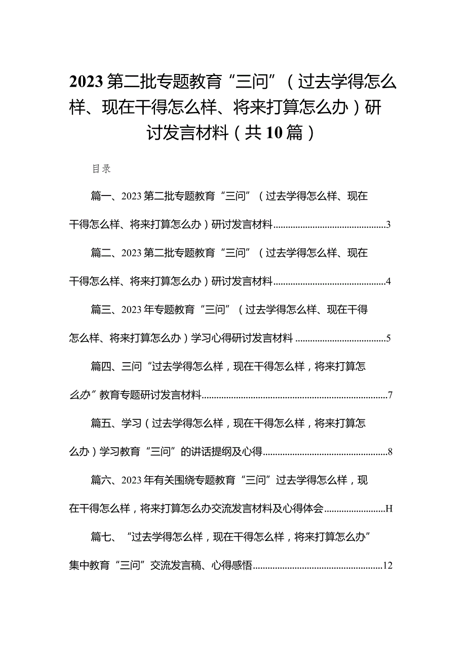 第二批专题教育“三问”（过去学得怎么样、现在干得怎么样、将来打算怎么办）研讨发言材料10篇(最新精选).docx_第1页