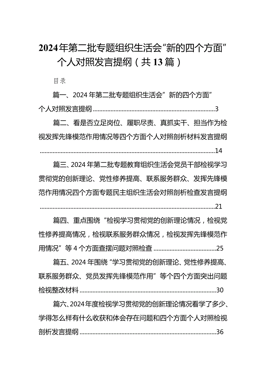 2024年第二批专题组织生活会“新的四个方面”个人对照发言提纲13篇（详细版）.docx_第1页