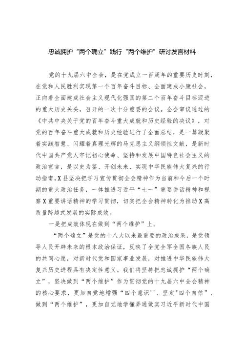 忠诚拥护“两个确立”践行“两个维护”研讨发言材料（共五篇）.docx