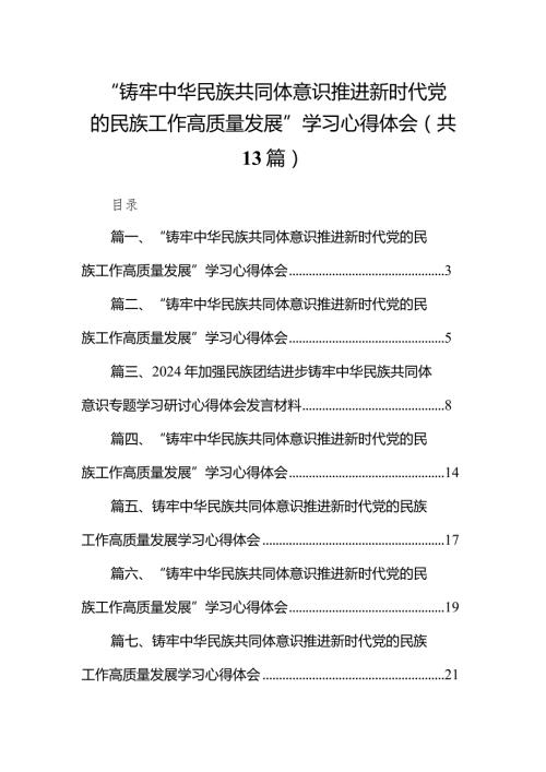 “铸牢中华民族共同体意识推进新时代党的民族工作高质量发展”学习心得体会范文13篇（完整版）.docx