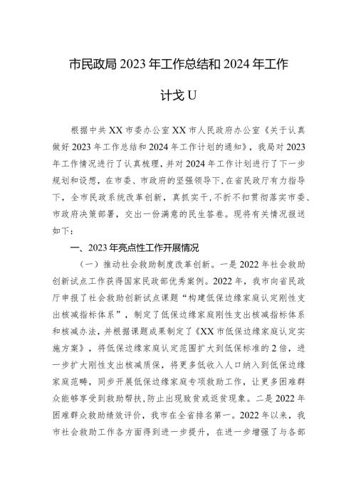 市民政局2023年工作总结和2024年工作计划（20240129）.docx