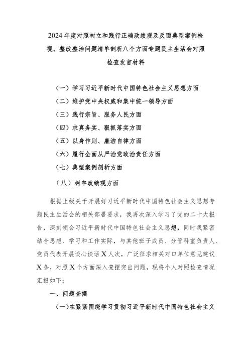 2024对照树立和践行正确政绩观及反面典型案例检视、整改整治问题清单剖析八个方面专题民主生活会对照检查发言材料.docx