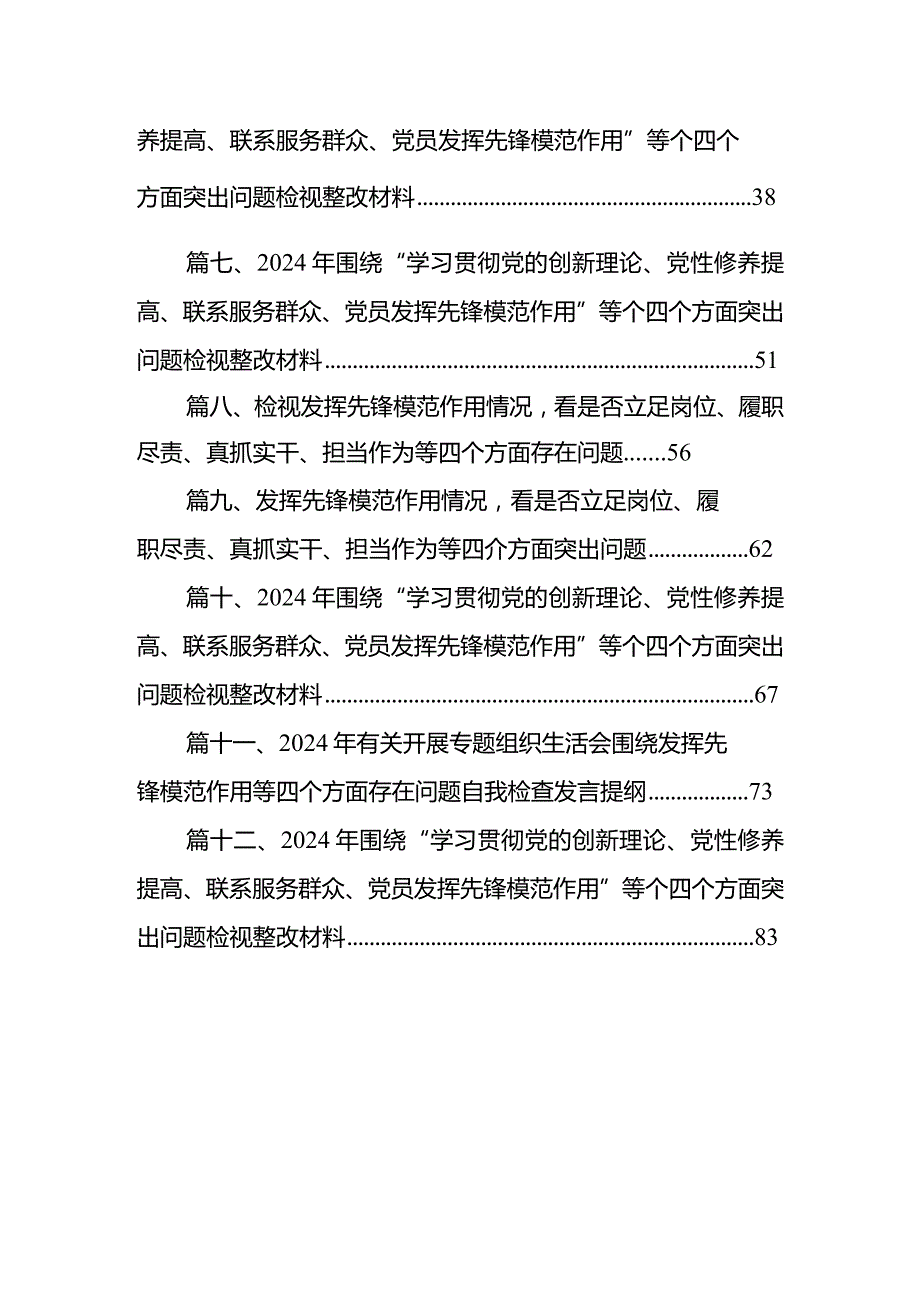 学习贯彻党的创新理论、党性修养提高、联系服务群众情况、发挥先锋模范作用专题组织生活会个人对照检视检查发言材料(12篇合集).docx_第2页