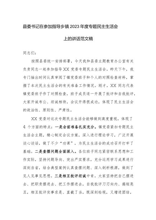 书记在参加指导乡镇2023专题民主生活会上的讲话范文稿.docx