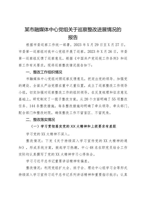 某市融媒体中心党组关于巡察整改进展情况的报告.docx