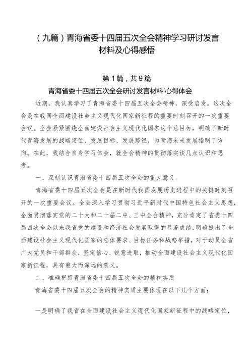 （九篇）青海省委十四五次全会精神学习研讨发言材料及心得感悟.docx