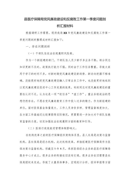 县医疗保障局党风廉政建设和反腐败工作第一季度问题剖析汇报材料.docx