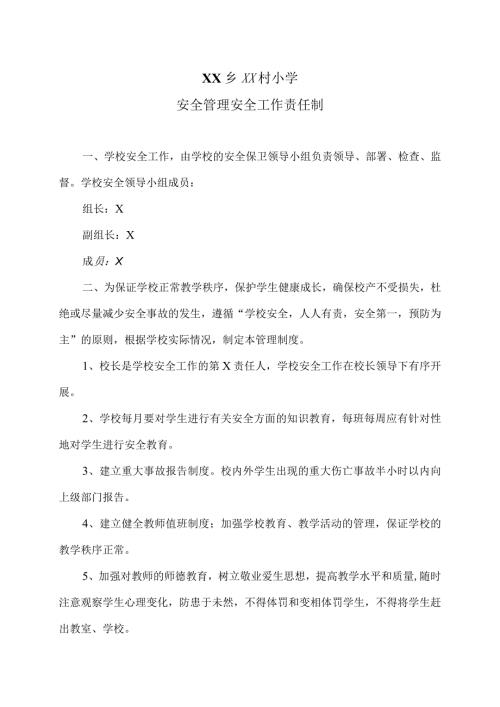 XX乡XX村小学安全管理安全工作责任制（2024年）.docx