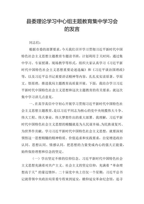 县委理论学习中心组主题教育集中学习会的发言.docx