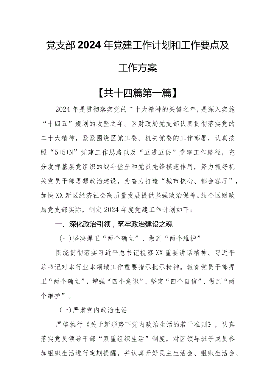 （14篇）党支部2024年党建工作计划和工作要点及工作方案.docx_第1页