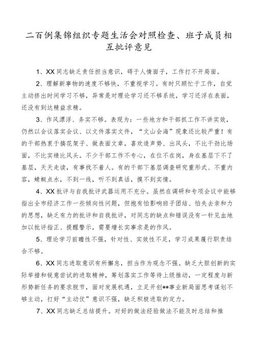 二百例集锦组织专题生活会对照检查、班子成员相互批评意见.docx