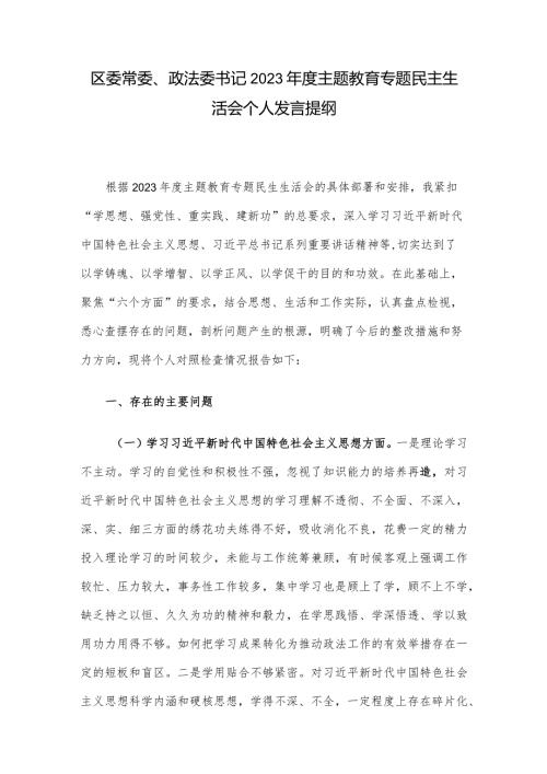 区委常委、政法委书记2023主题教育专题民主生活会个人发言提纲.docx