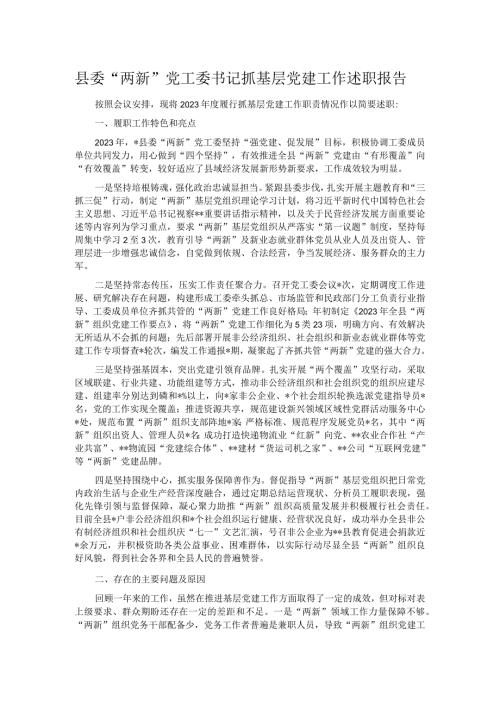 县委“两新”党工委书记抓基层党建工作述职报告.docx