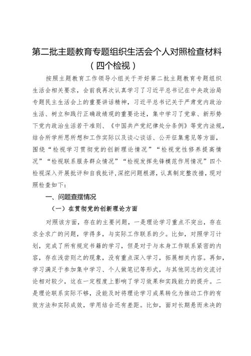第二批主题教育专题组织生活会个人对照检查材料（四个检视）.docx