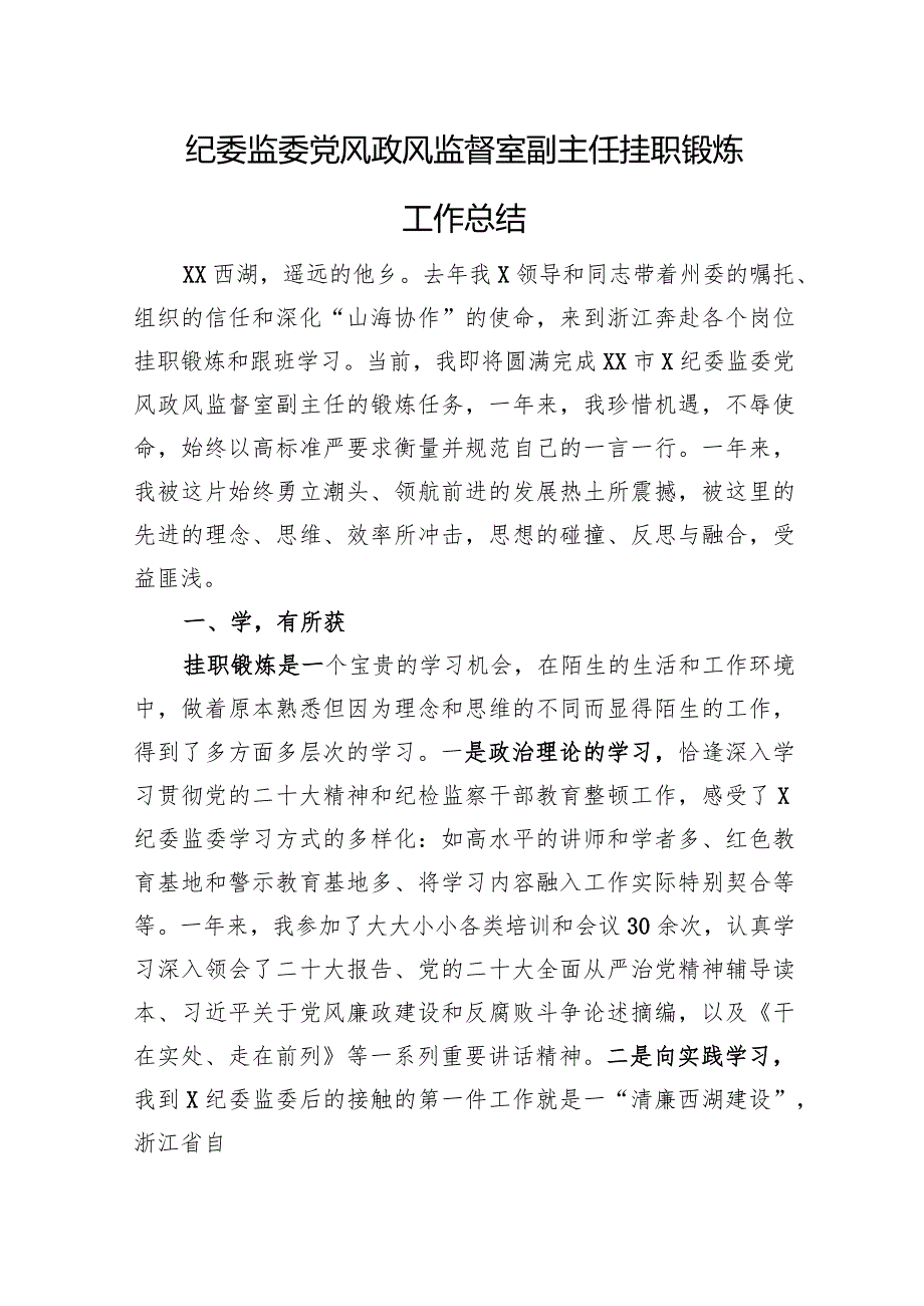 纪委监委党风政风监督室副主任挂职锻炼工作总结.docx_第1页