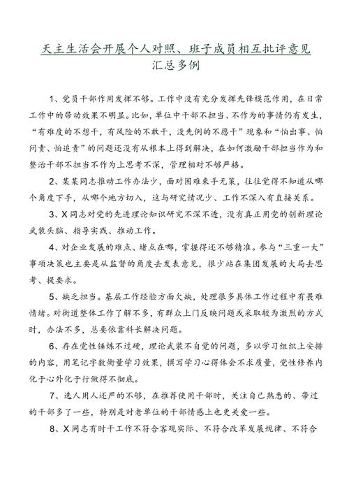 民主生活会开展个人对照、班子成员相互批评意见汇总多例.docx