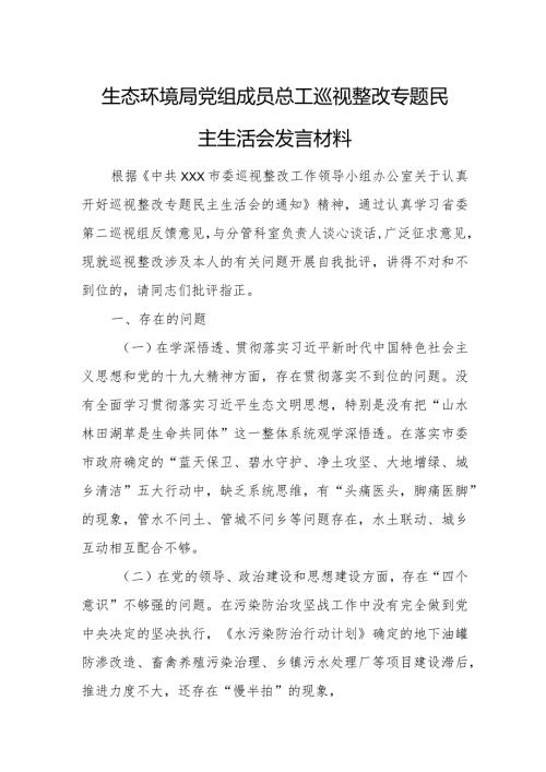 生态环境局党组成员总工巡视整改专题民主生活会发言材料.docx
