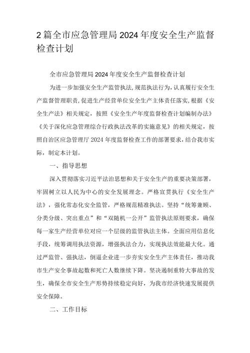 2篇全市应急管理局2024安全生产监督检查计划.docx