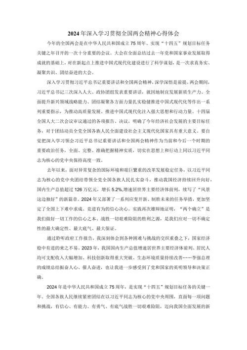 2024年深入学习贯彻全国两会精神心得体会.docx