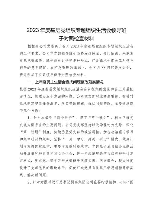 公司2023基层党组织专题组织生活会领导班子对照检查材料.docx