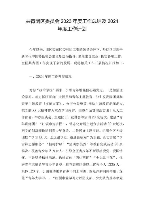 共青团区委员会2023工作总结及2024工作计划.docx