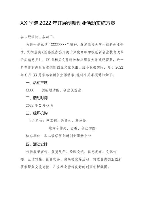 XX学院2022年开展创新创业活动实施方案.docx