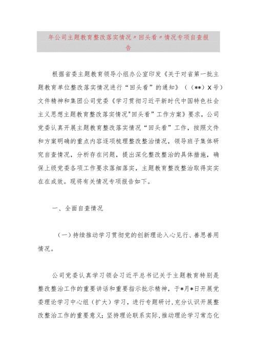 2023年公司主题教育整改落实情况“回头看”情况专项自查报告.docx