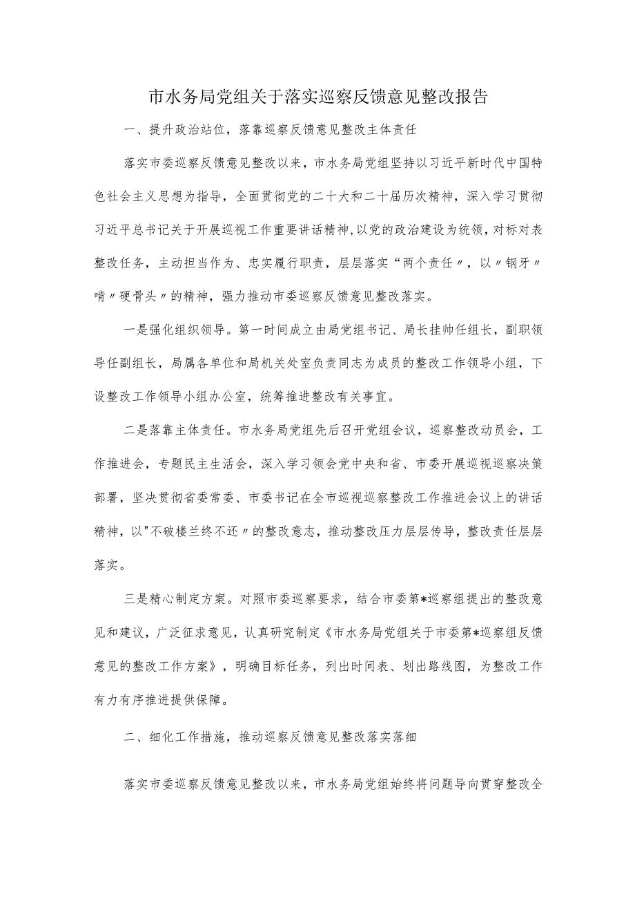 市水务局党组关于落实巡察反馈意见整改报告.docx_第1页