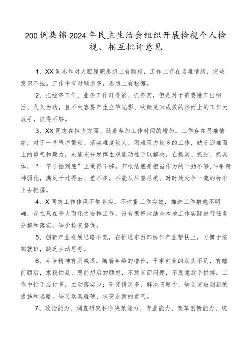 200例集锦2024年民主生活会组织开展检视个人检视、相互批评意见.docx