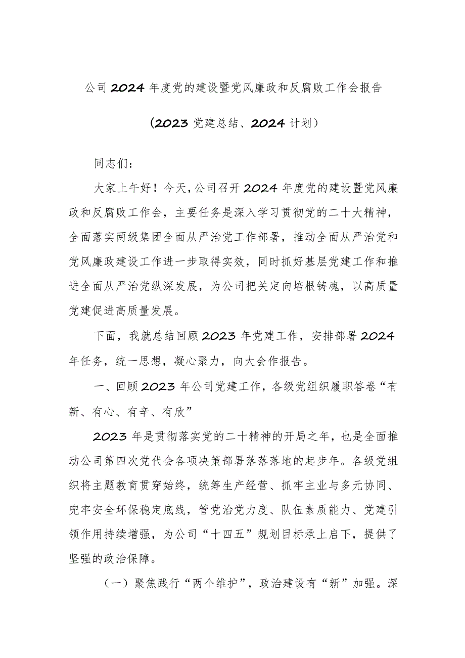 公司2024党的建设暨党风廉政和反腐败工作会报告（2023党建总结、2024计划）.docx_第1页
