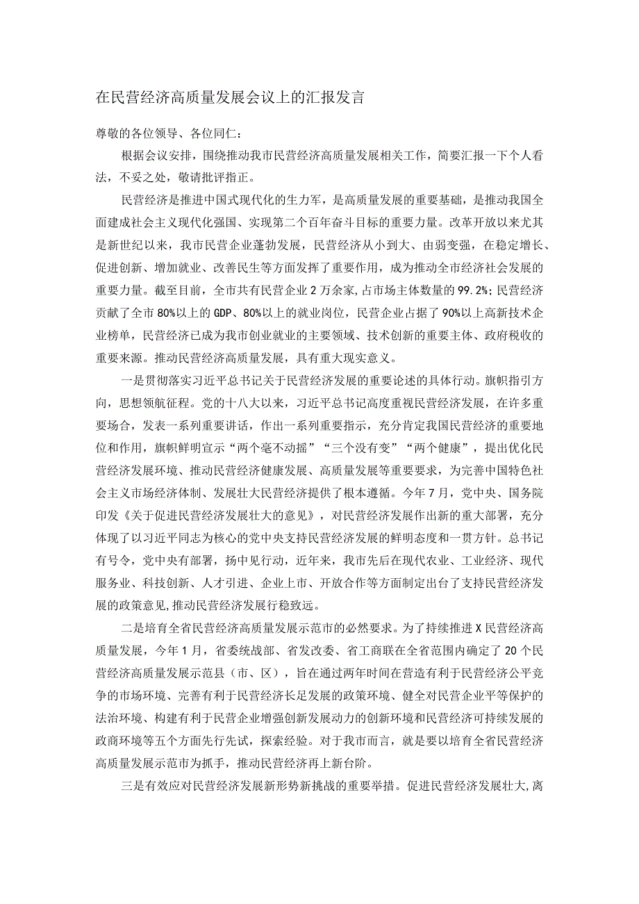 在民营经济高质量发展会议上的汇报发言.docx_第1页