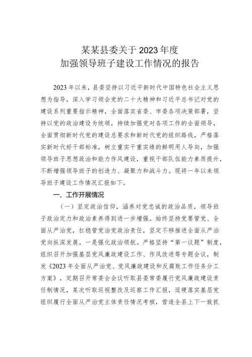 某某县委关于2023加强领导班子建设工作情况的报告.docx