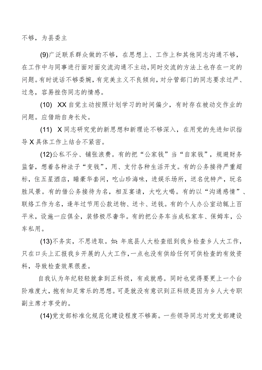 2024民主生活会组织开展对照检查、相互批评意见实例数例.docx_第2页
