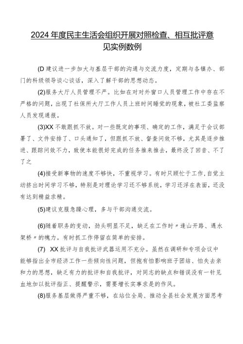2024民主生活会组织开展对照检查、相互批评意见实例数例.docx