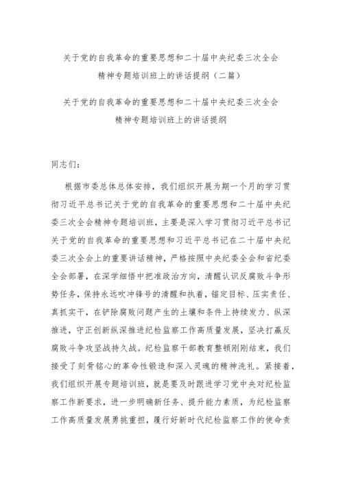 关于党的自我革命的重要思想和二十中央纪委三次全会精神专题培训班上的讲话提纲(二篇).docx