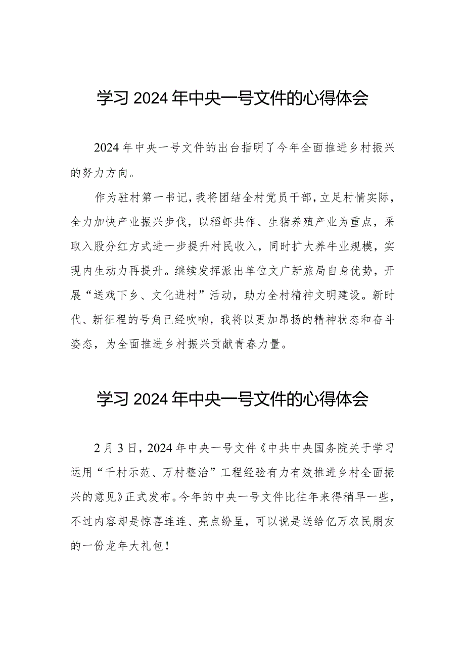 驻村书记学习2024年中央一号文件的心得体会十四篇.docx_第1页