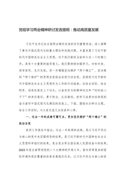 党组学习两会精神研讨发言提纲：推动高质量发展.docx