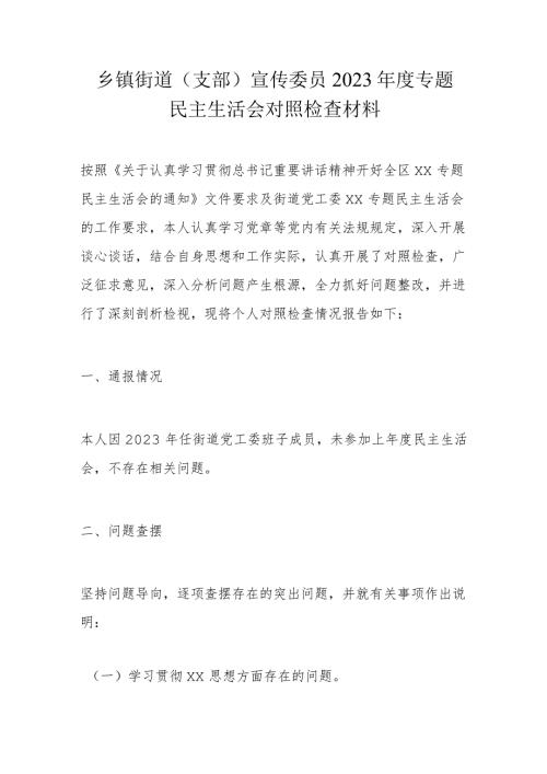 乡镇街道（支部）宣传委员2023专题民主生活会对照检查材料.docx