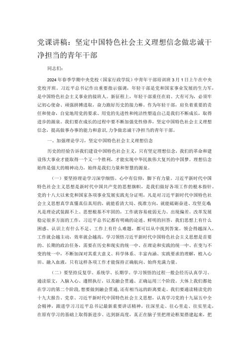 党课讲稿：坚定中国特色社会主义理想信念做忠诚干净担当的青年干部.docx