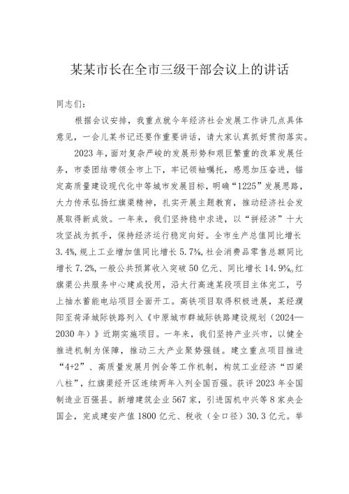 某某市长在全市三级干部会议上的讲话.docx