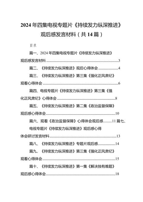 2024年四集电视专题片《持续发力纵深推进》观后感发言材料14篇(最新精选).docx
