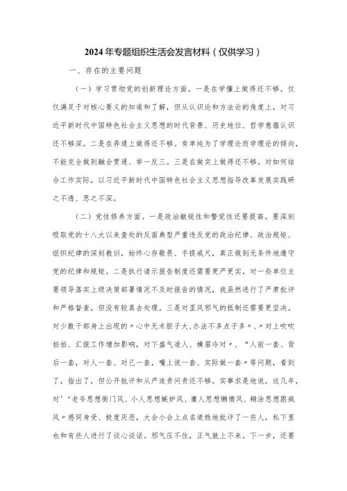 2024年专题组织生活会发言材料.docx